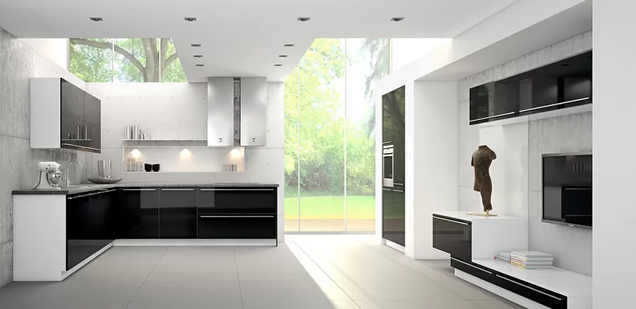 고광택 주방 수납장 단색 Mid-Century Kitchen 이 멋진 흑백 주방은 바닥과 하부 수납장이 거의 절반으로 나뉩니다. 위쪽은 검정색, 흰색입니다. 결과는 매끄럽고 밝은 공간입니다.