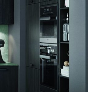 Tall appliance housing cabinets with open shelving