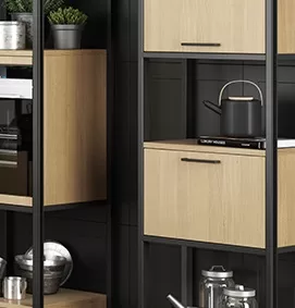 estanterías de cocina decorativas de estilo industrial con cajones y nichos para electrodomésticos