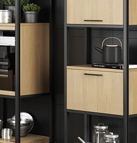 decorative kitchen shelves in industrial style with drawers and niches for appliances