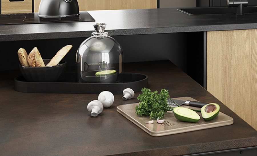 cutting board with avocado and mushrooms, kitchen decor, oak kitchen with brown countertop
