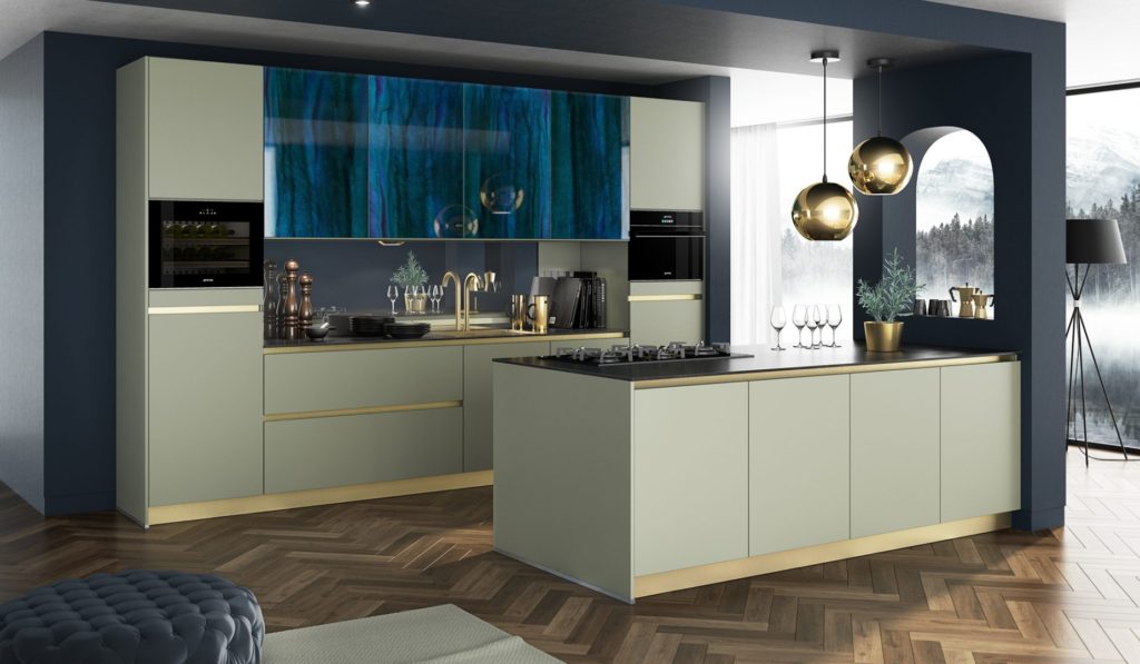 mint green handleless kitchen cabinets with smeg wine cooler, oyster blue glass doors and golden chandelier