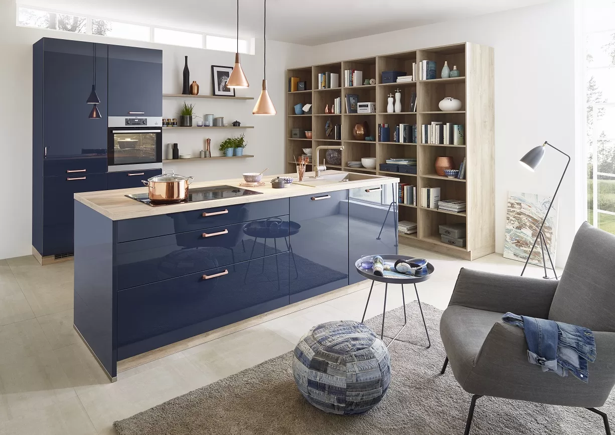 Глянцевые кухонные шкафы темно-синего цвета из Германии, глянцевые кухонные шкафы