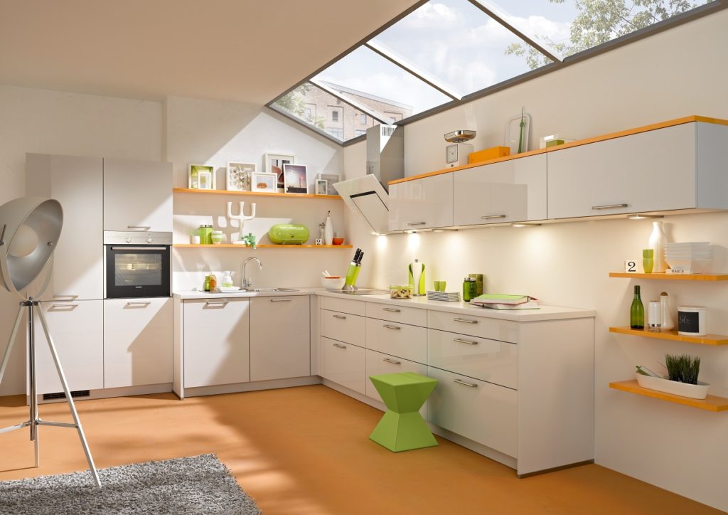 off white modern kitchen with orange shelves