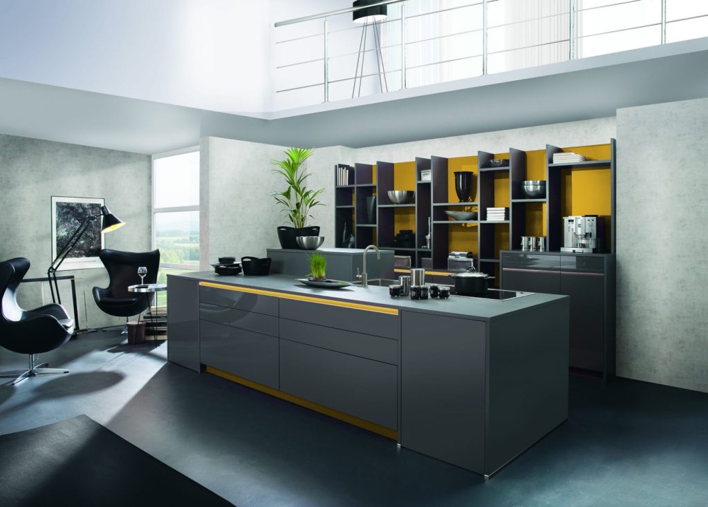 handleless modern kitchen in glossy grey lacquered finish with yellow accents