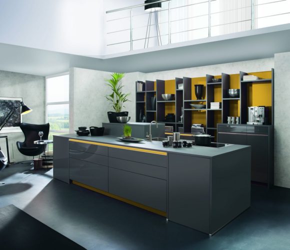 handleless modern kitchen in glossy grey lacquered finish with yellow accents