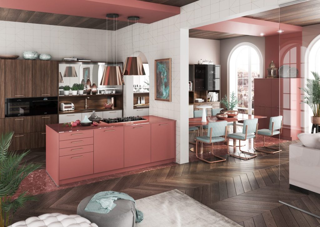 Salmon pink modern kitchen with dark brown wood cabinets