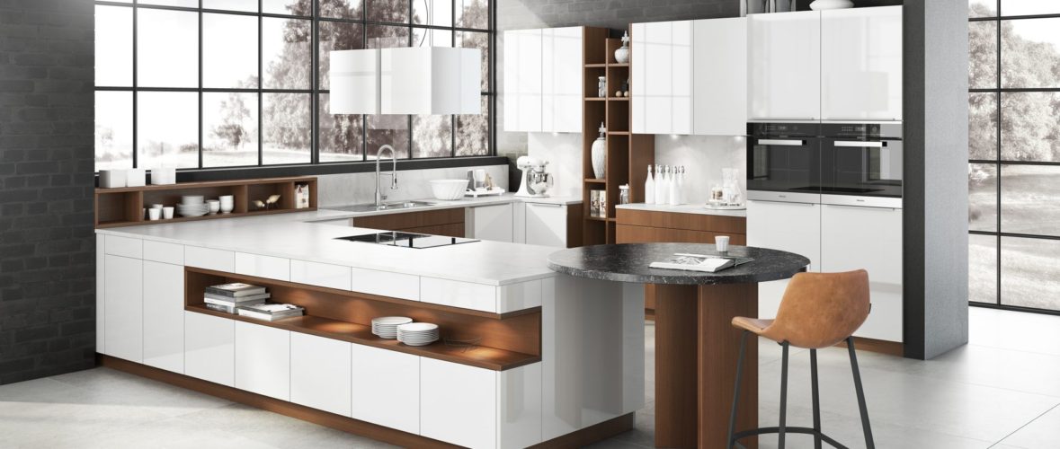 Bauformat modern white kitchen with warm wood accents