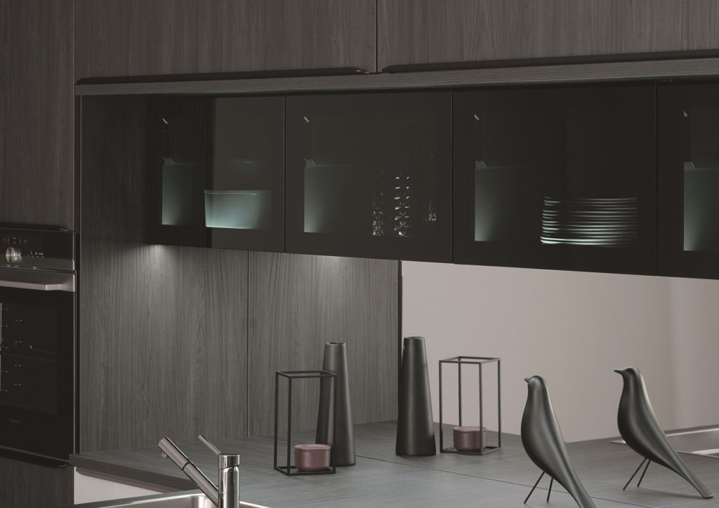 modern kitchen cabinets with black glass door